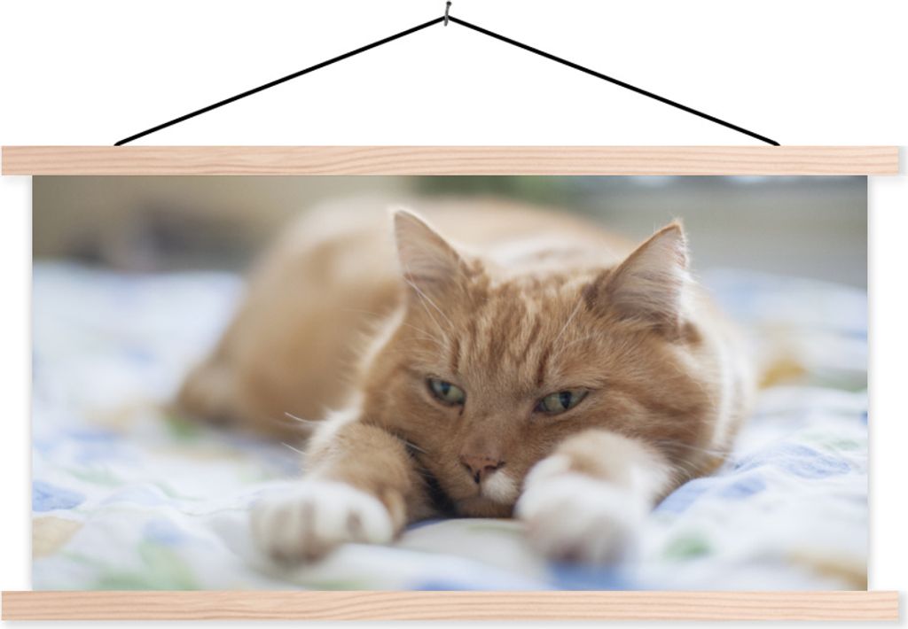 MuchoWow Textilposter Katze - Bett - Tagesdecke - Mädchen - Kinder - Kinder - Kind 60x30 cm mit holzfarbenen Rahmen - Dekoration