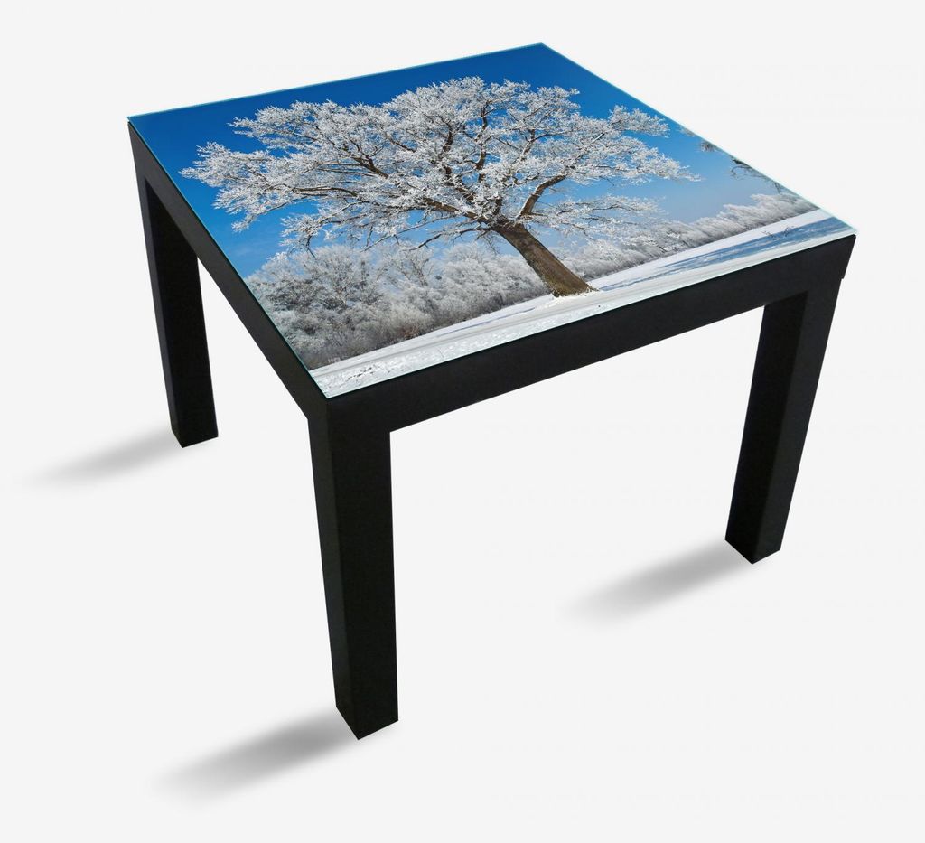Wallario Möbeldesign - Glasplatte, Schutzplatte mit Motiv - geeignet für Ikea Lack Tisch, Größe: 55 x 55 cm, Motiv: Schneebedeckter Baum mit b...