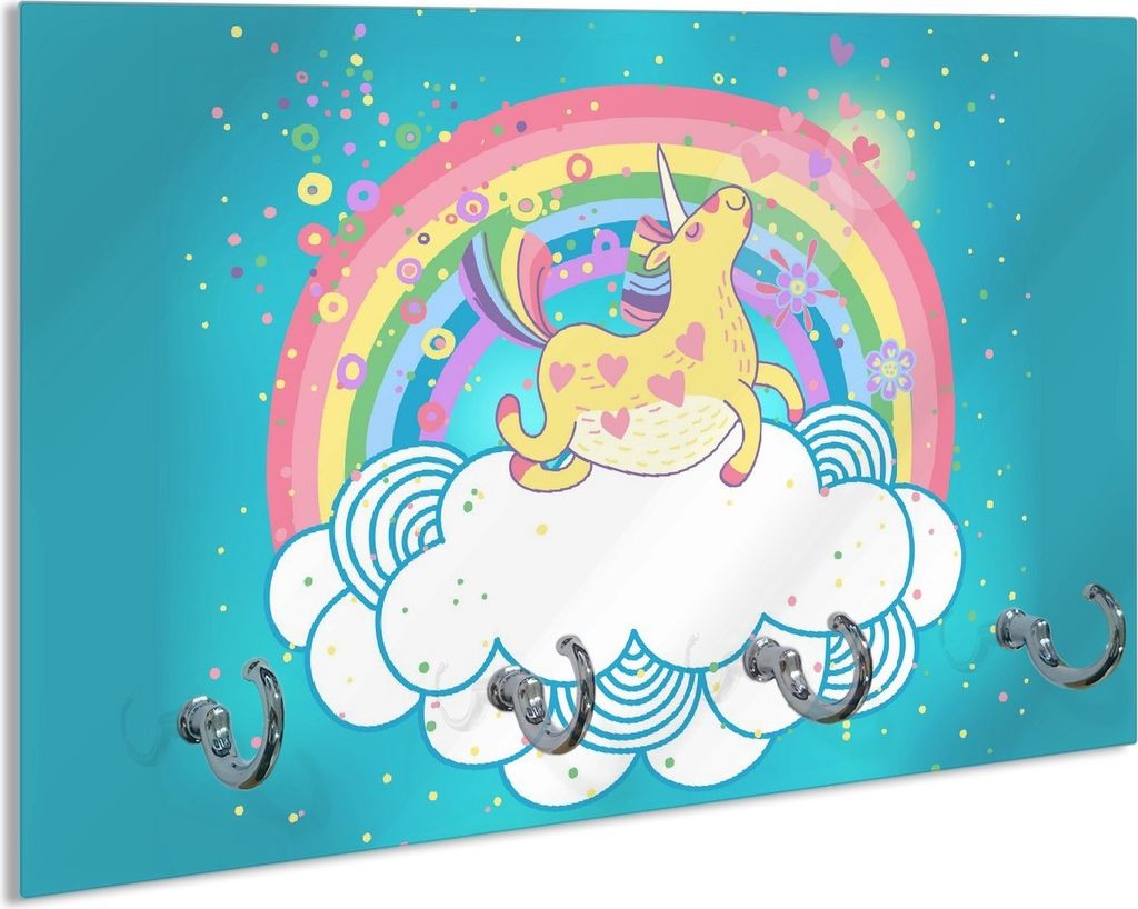 Wallario Schlüsselbrett aus Glas, Motiv: Lustiges Einhorn auf einer Wolke vor Regenbogen, 30 x 20 cm mit 4 Haken