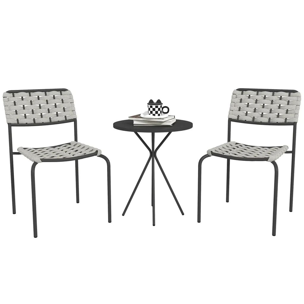 Polyrattan Gartenmöbel Set, Outdoor Lounge Balkonmöbel für 2 Personen, 3-teilig Sitzgruppe mit 2 Stapelbare Stühle, Tisch, wetterfest Gartenlounge