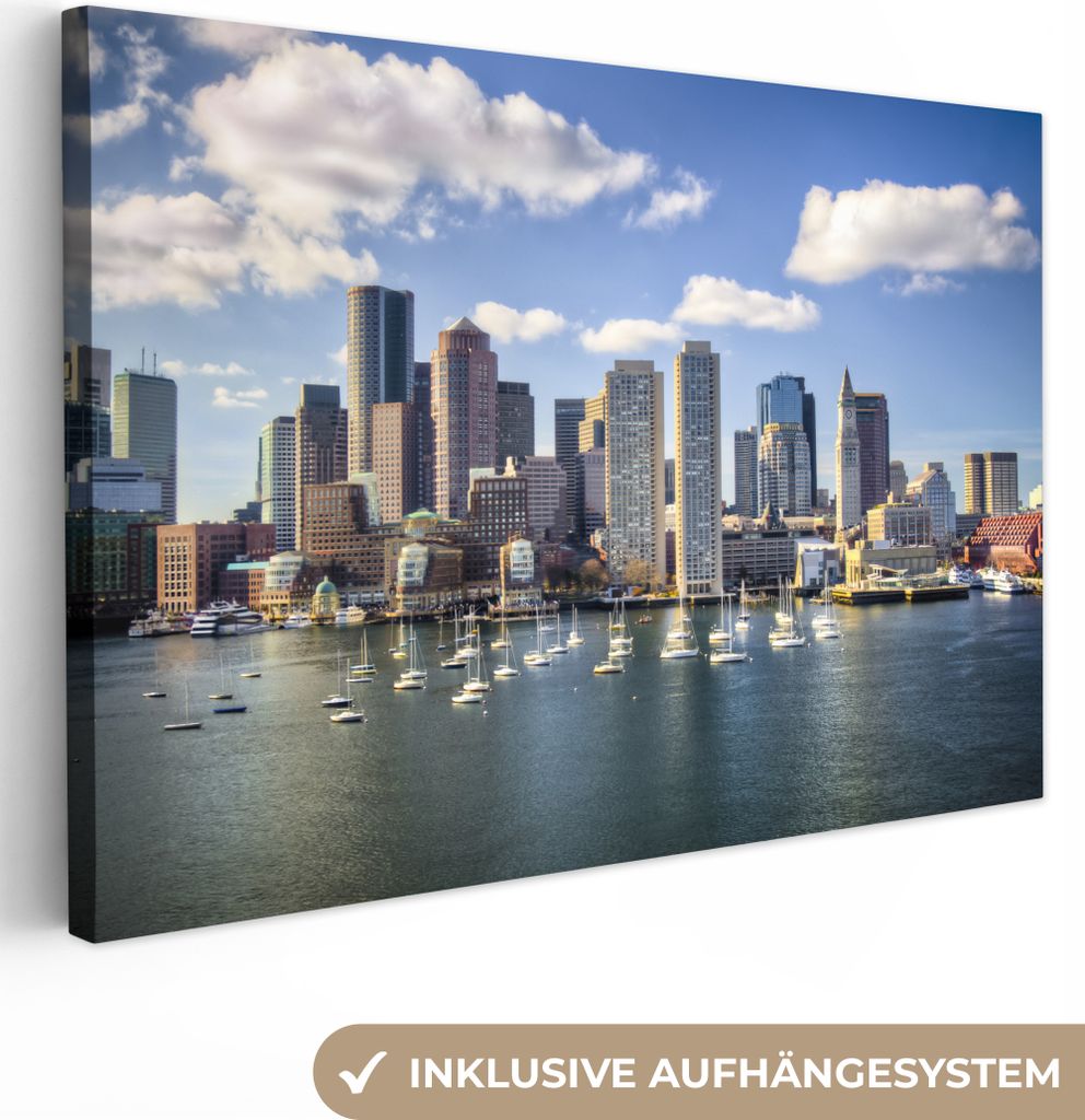OneMillionCanvasses - Leinwandbilder - 150x100 cm, Skyline - Boston - Hafen, Wandbilder Kunstdruck Wanddekoration
