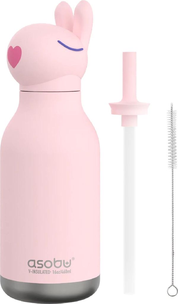 A pink bunny-shaped insulated children's water bottle with a straw and a cleaning brush, displayed against a white background.