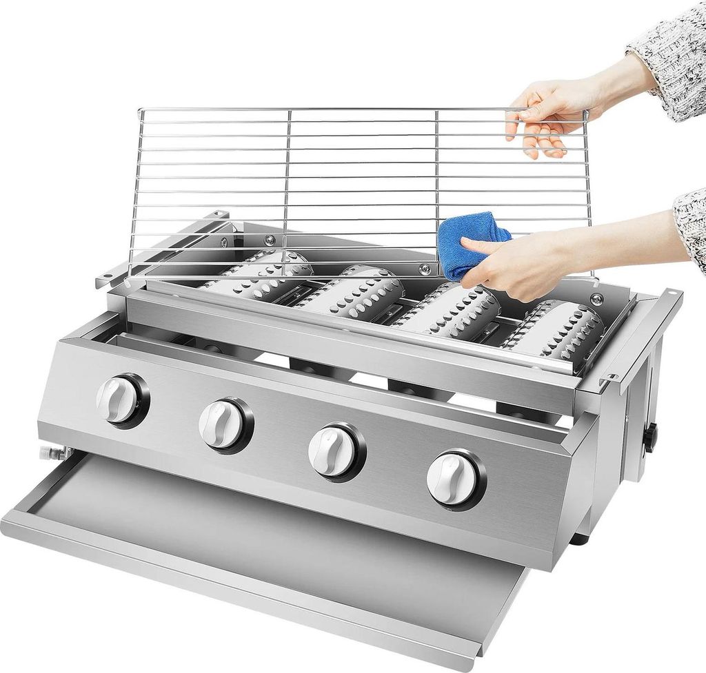 Gasgrill - Edelstahl BBQ Grill - 4 Brenner 55,8x23,2 cm - Schwere Stahlhaube - Großer Grillrost für Terrasse und Outdoor Küche - Silber