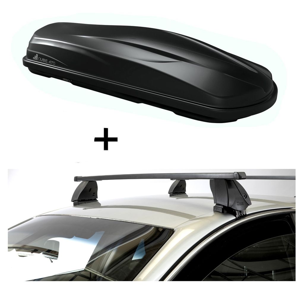 Dachbox CUBE470 470 Liter schwarz glänzend + Dachträger K1 MEDIUM kompatibel mit für Opel Meriva (B) (5Türer) ab 10