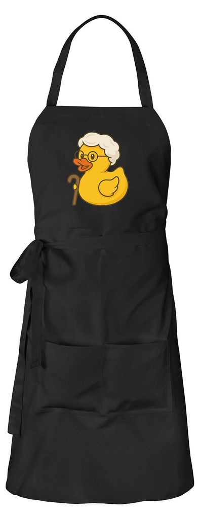 Huuraa Schürze Quietscheente Rente Comic Gummiente Schwarz mit Taschen Baumwolle Kochschürze Geschenkidee