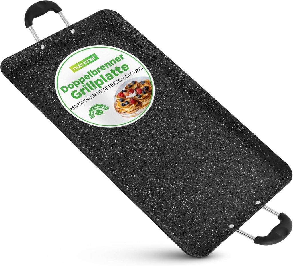 Nutrichef Grillplatte – 51x30 cm Plancha aus Aluminium mit Antihaft und en Grillplatte Gasgrill – Kühle Griffe – Spülmaschinenfest