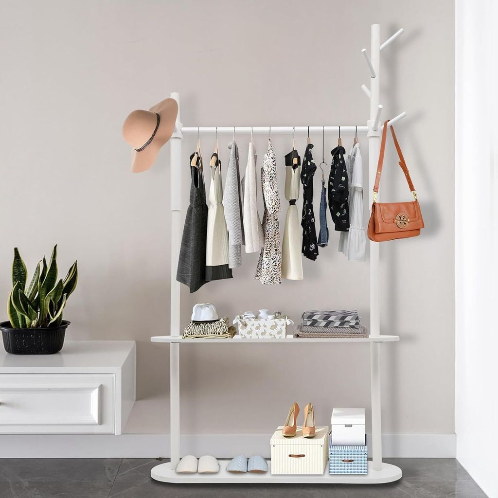 Mode Kleidung Rack, Kleiderständer Holz, Moderne Art Kleidung Rack mit 2 Ablagen, Weiß