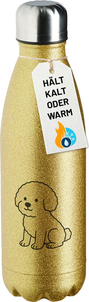 Huuraa Trinkflasche Bichon Frisé Comic Bichie 500ml Gold Edelstahl Wasserflasche Trinkflasche Geschenkidee