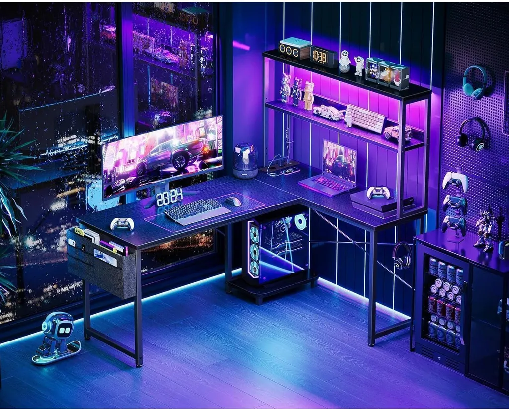 Grand bureau informatique en L avec éclairage LED et prises USB intégrées - 2