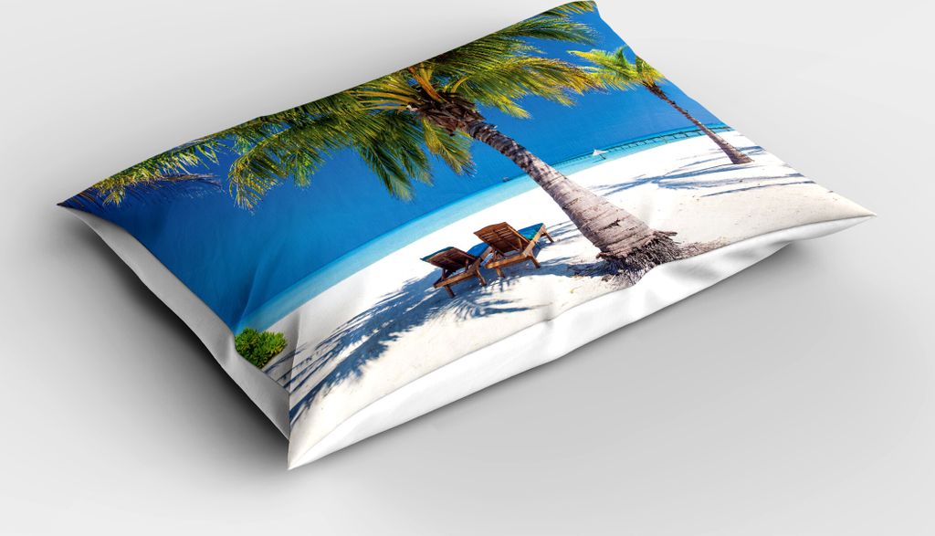 ABAKUHAUS Strand Kopfkissenbezug, Tropische Insel mit Palmen Sunbeds Paradise Relaxation Sommer Bild, 40x80 cm, Grün Weiß Blau
