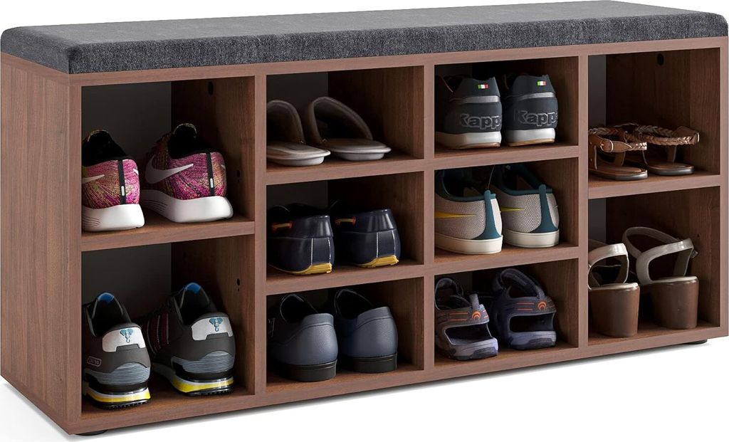 KOMTO Schuhbank mit Sitzfläche - Schuhregal Schuhschrank mit Sitzbank Flur Bank mit Stauraum Garderobenbank Sofia 104 x 50 x 30 cm Nussbaum