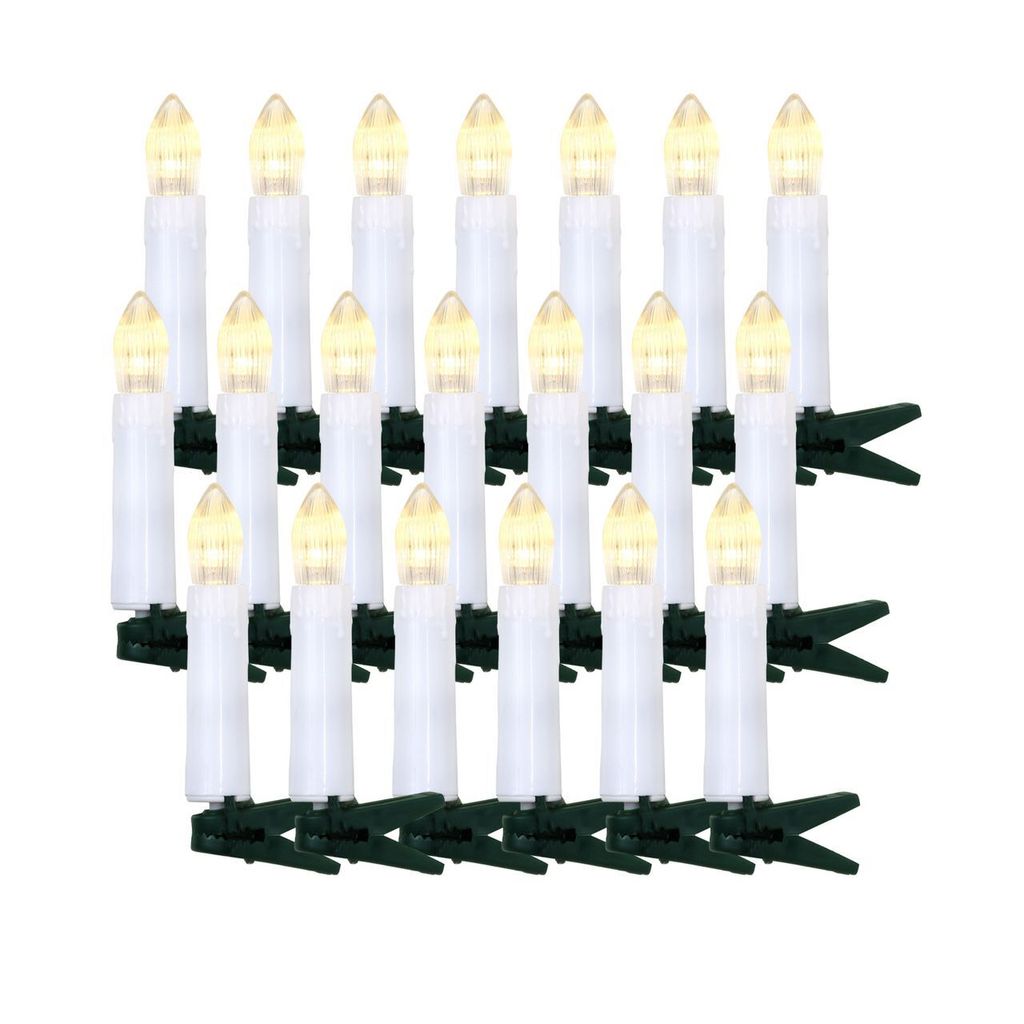 A set of LED Christmas tree candles with green clips.