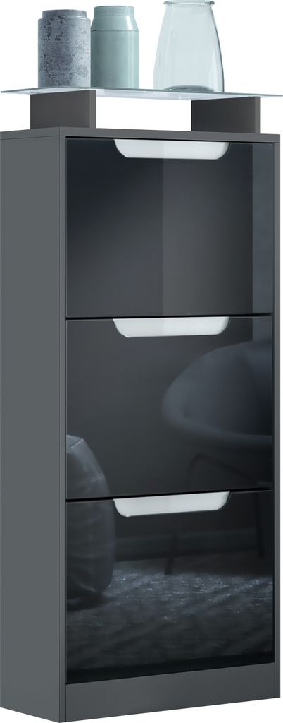 Vladon Schuhschrank Space V2, Schuhkipper für 12 Paar Schuhe mit 3 Klappen und Glasablage, Anthrazit matt/Schwarz Hochglanz (46 x 128 x 23 cm)