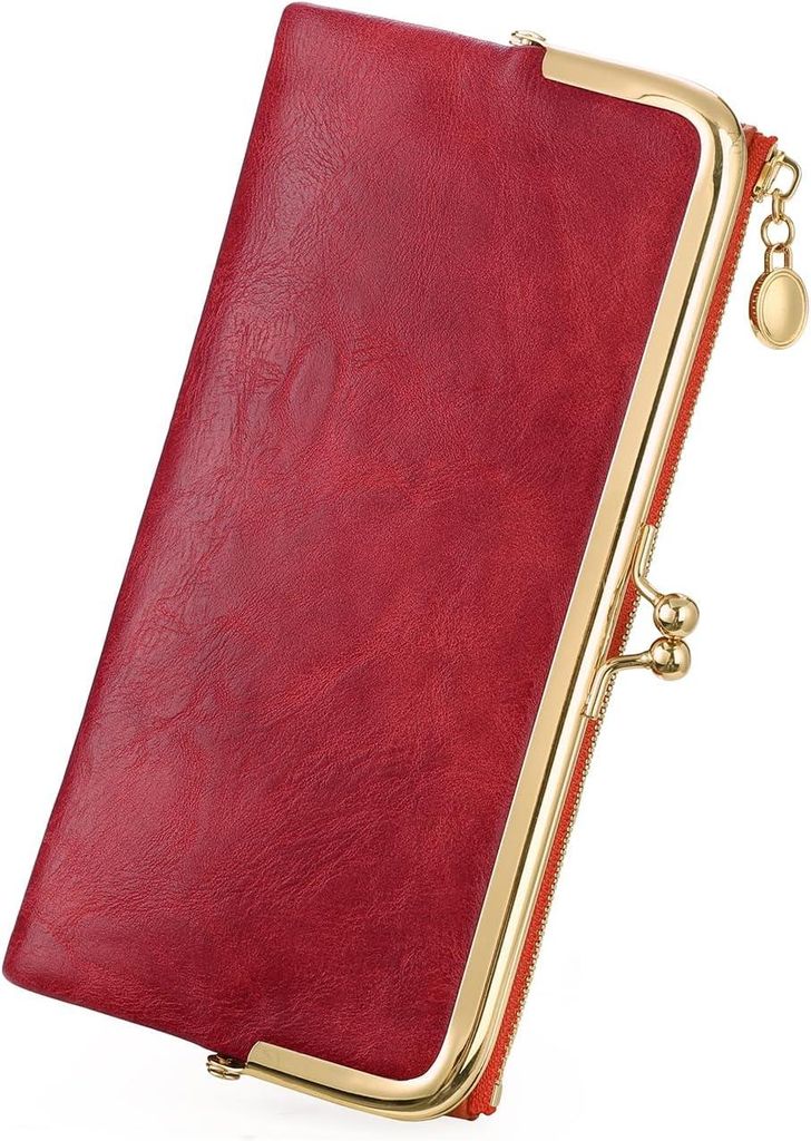 GOIACII Damen Geldbörse Groß Leder Portemonnaie mit Reißverschluss,Kiss-Lock, 9 Kartenfächer,2 Scheinefächer, Münztasche,Ausweisfenster,Vinta...
