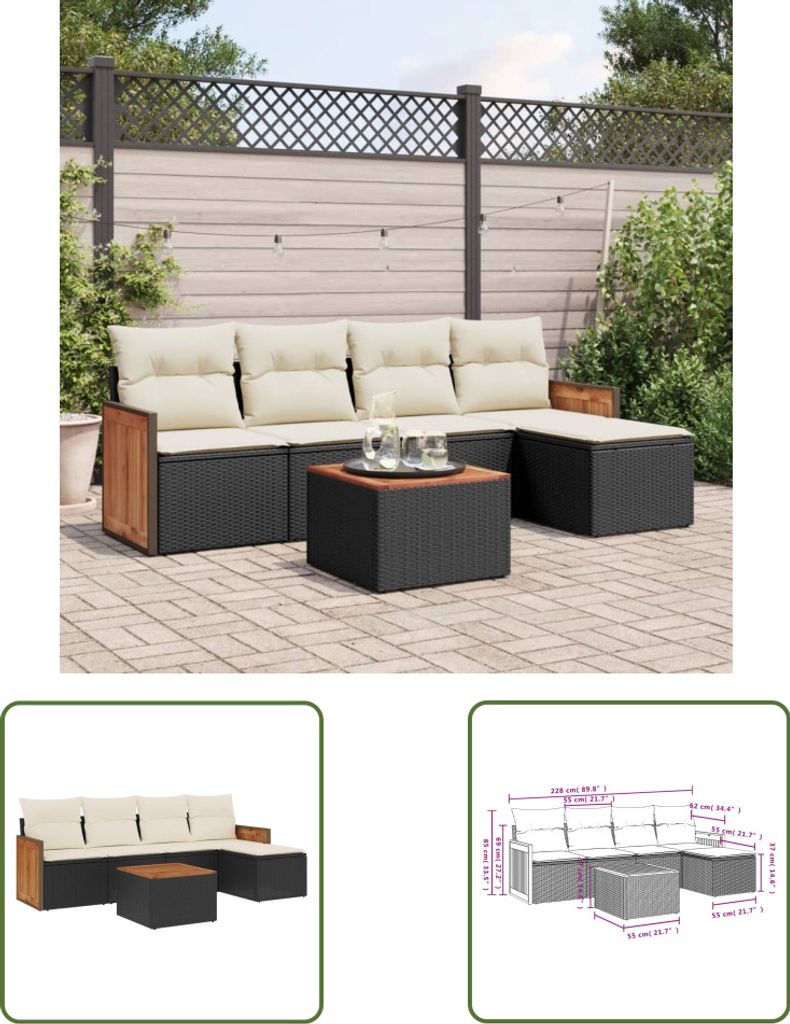 The Living Store 6-tlg. Garten-Sofagarnitur mit Kissen Schwarz Poly Rattan
