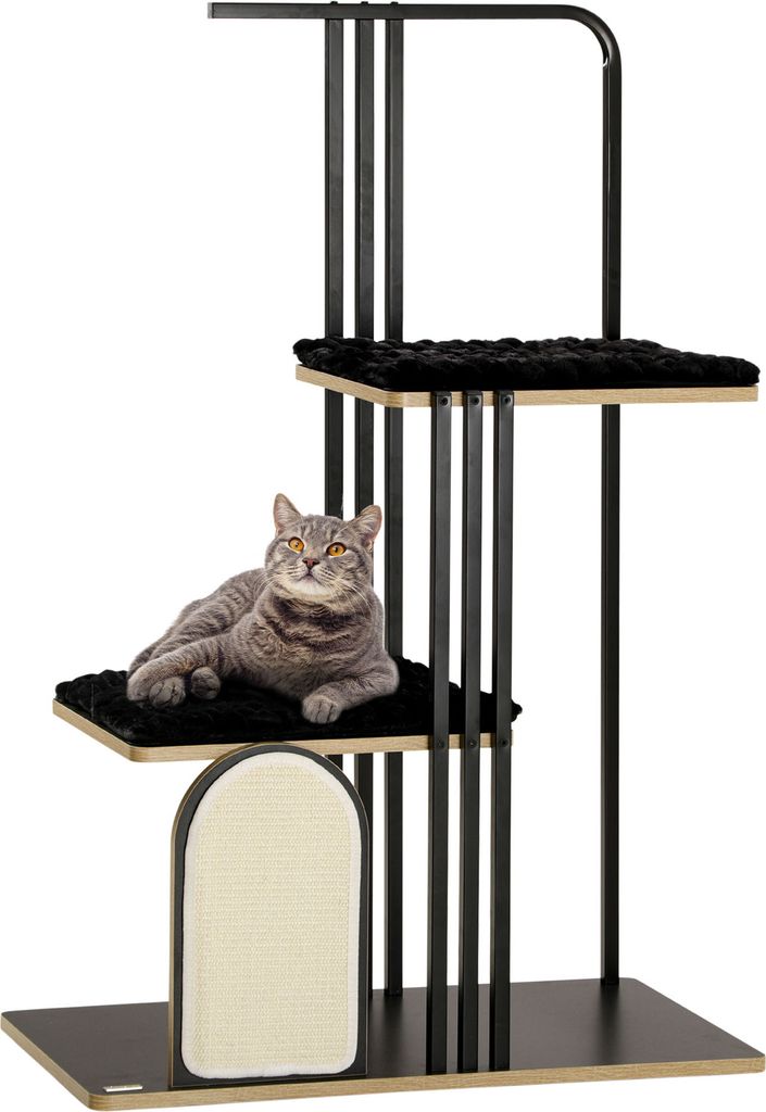 A cat is lying on a multi-level cat tree.