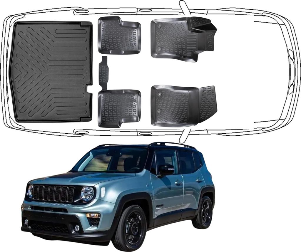 3D Fußmatten & Untere Kofferraumwanne Auto Set Kompatibel mit Jeep Renegade 2014 - 2024