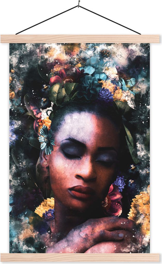 MuchoWow Textilposter Frau - Farbe - Abstrakt 120x180 cm mit holzfarbenen Rahmen - Textil-Plakat