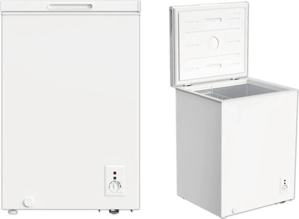 A white chest freezer shown from the front and from the side with the lid open.