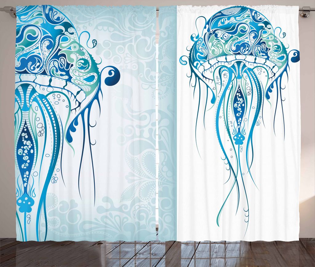 ABAKUHAUS Marine Rustikaler Vorhang, Ozean-Quallen Paisley, Wohnzimmer Universalband Gardinen mit Schlaufen und Haken, 280 x 225 cm, Blau und weiß