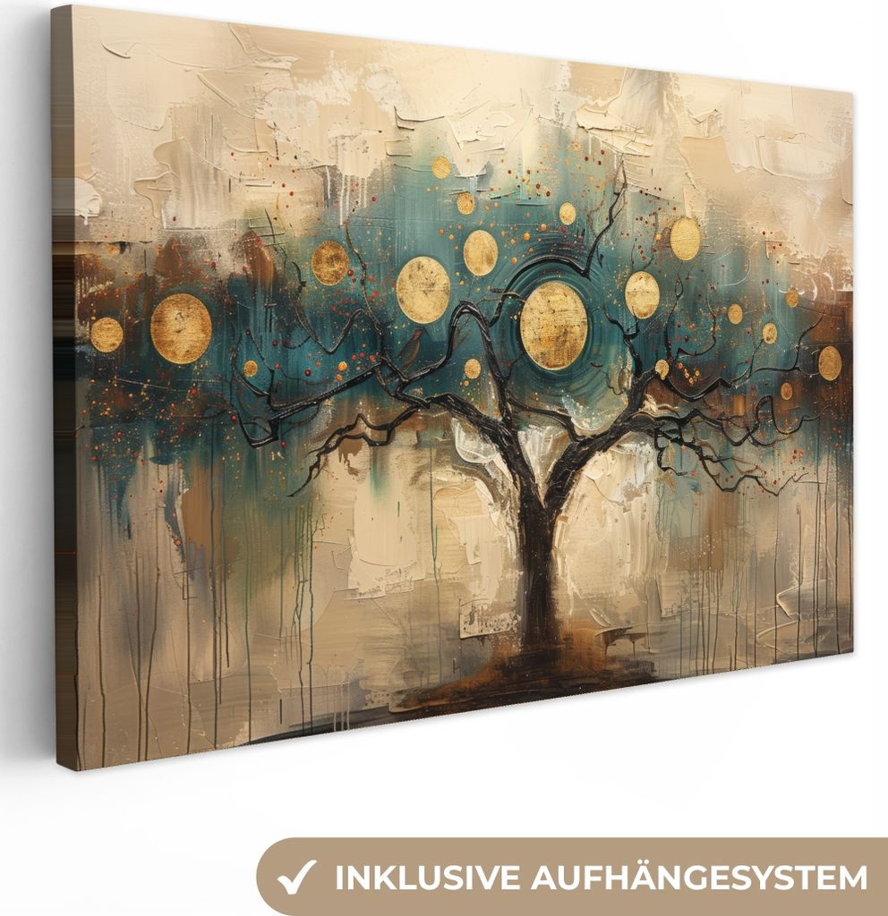Leinwand Bilder 60x40 cm - Lebensbaum - Abstrakt - Braun - Gold - Industriell, Bilder, Wanddeko Wohnzimmer
