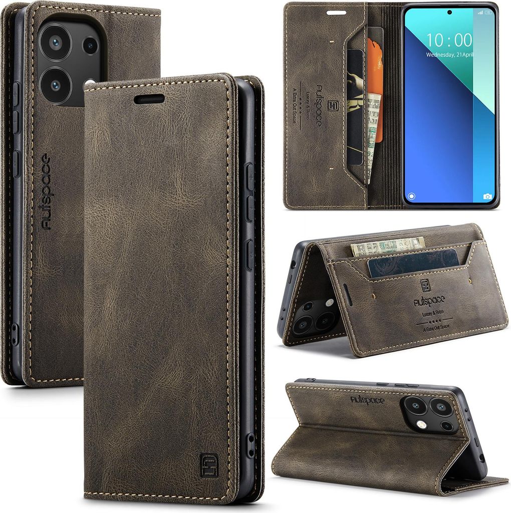 Hülle für Xiaomi Redmi Note 13 4G, Retro Kunstleder Tasche Kartenfächern und Ständer Schutzhülle Kaffee