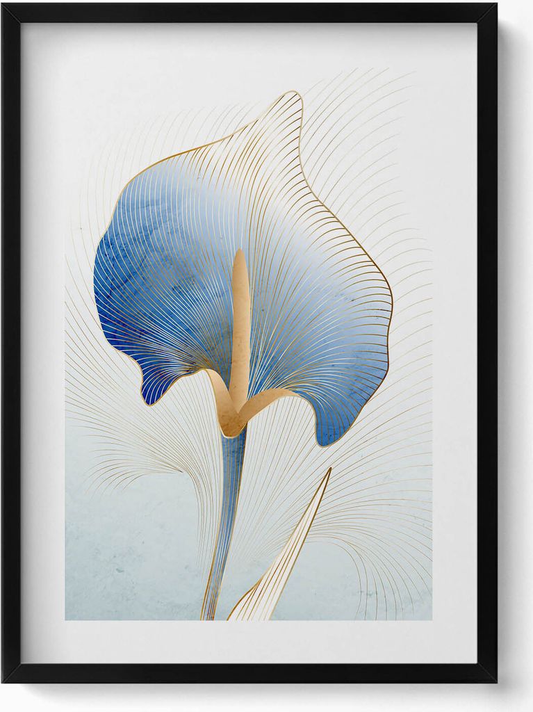 Illustration von Blumen mit Gold– Wandbild mit Rahmen – Gerahmtes Bild – Wanddekoration – 50x70 cm – Schwarz Rahmen