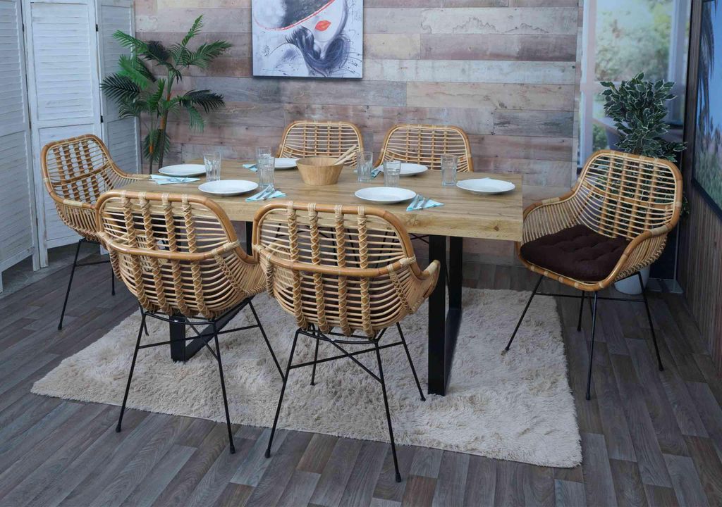 6er-Set Esszimmerstuhl HWC-P17, Küchenstuhl Korbstuhl Rattansessel Rattanstuhl Stuhl, Kubu Rattan Metall Polster braun