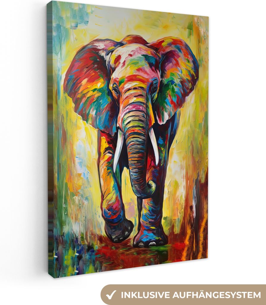 MuchoWow - Leinwandbilder - Elefant - Kunst - Malerei - Tiere - Regenbogen, Wandbild, Wanddeko Bilder Wohnzimmer, 80x120 cm