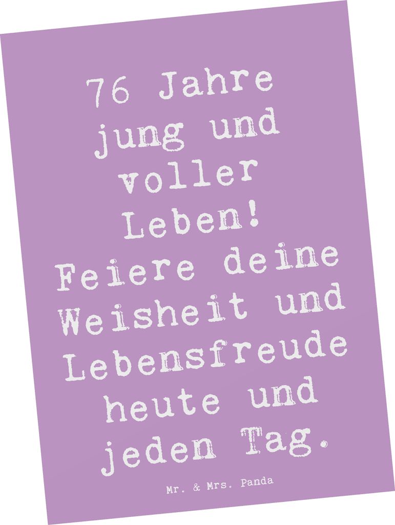 Mr. & Mrs. Panda Postkarte Spruch 76. Geburtstag Jung und Lebendig - Lavendeltraum - Geschenk, Glückwunsch, Happy Birthday, Erinnerungen, Postkart...