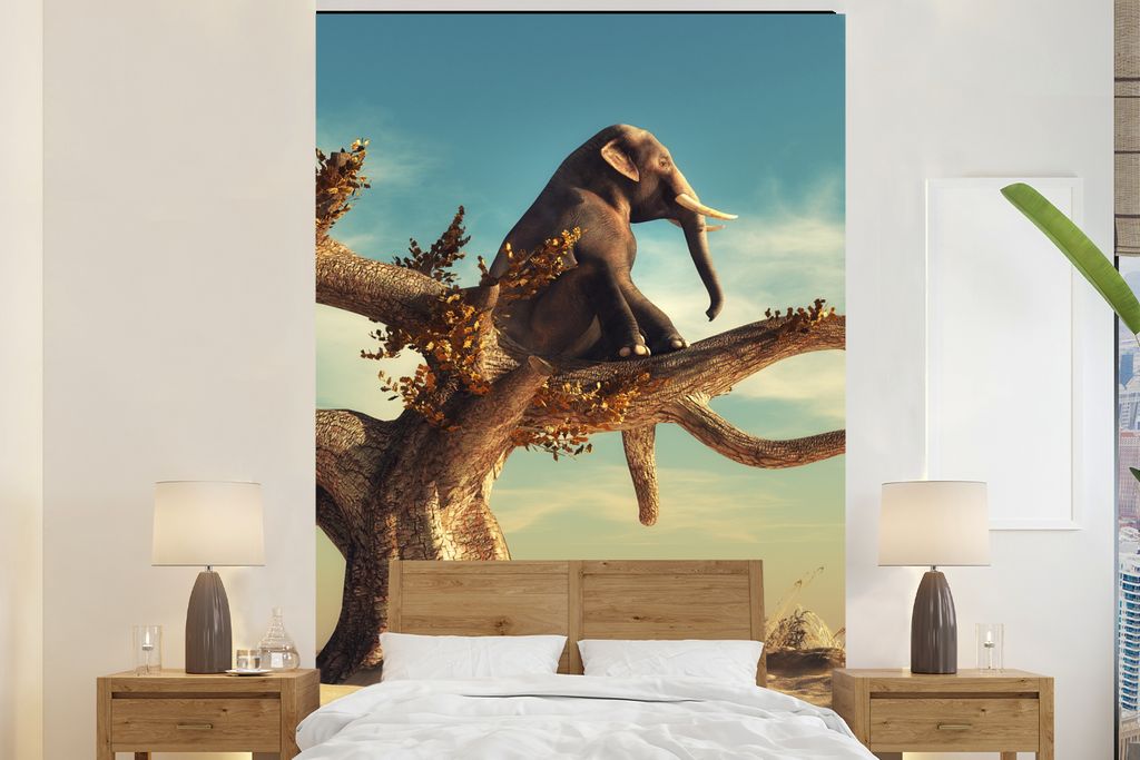 MuchoWow Fototapete für Wohnzimmer oder Schlafzimmer Wandtapete Vinyl Motivtapete Elefant - Baum - Natur - Wüste - 160x240 cm - Vinyltapete