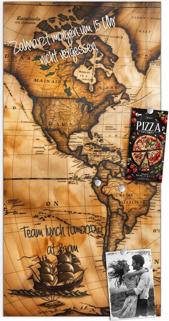 Magnettafel 50x100cm Pinnwand Whiteboard beschreibbar - Vintage Weltkarte Kompass