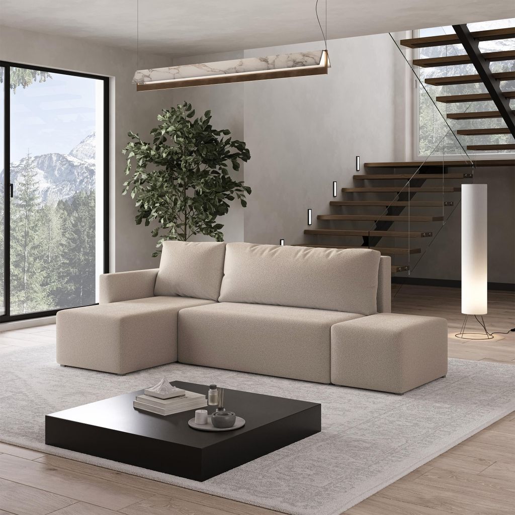 Masseno Ecksofa VELOTTI L-S mit Schlaffunktion L-Form, Sofa mit Bettkasten, Wohnzimmersofa, Couch, Soffa, Bettsofa, Couchgarnitur- Beige, QUELLE 05