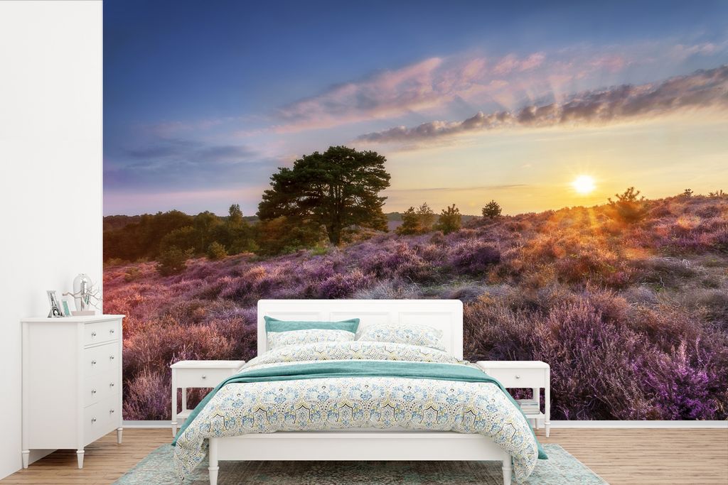 MuchoWow Fototapete für Wohnzimmer oder Schlafzimmer Wandtapete Vinyl Motivtapete Heide bei Sonnenuntergang - 420x280 cm - Zimmer für Kinder