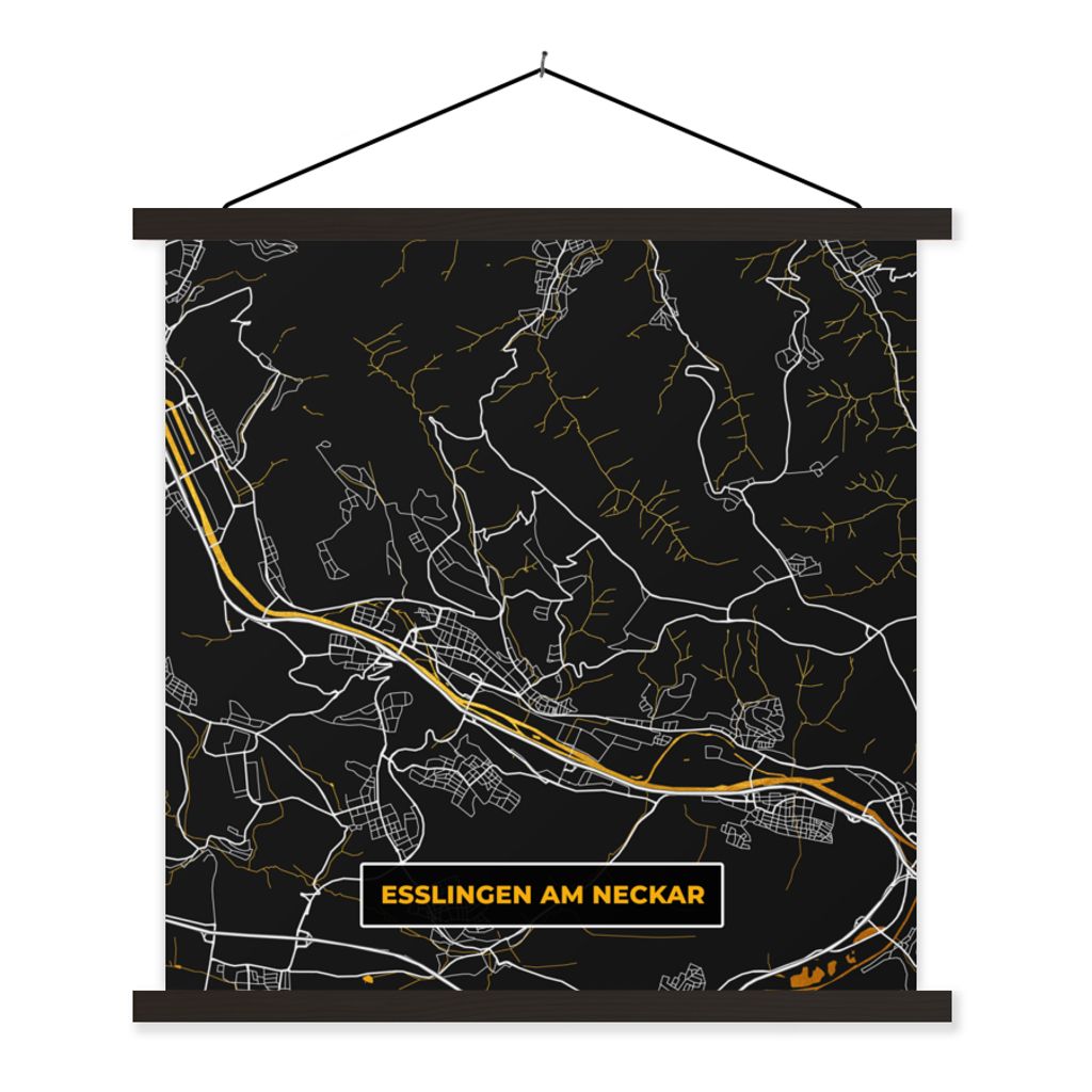 MuchoWow Textilposter Esslingen Am Neckar - Gold - Stadtplan - Karte - Deutschland 90x90 cm mit schwarzem Rahmen - Magnetisches