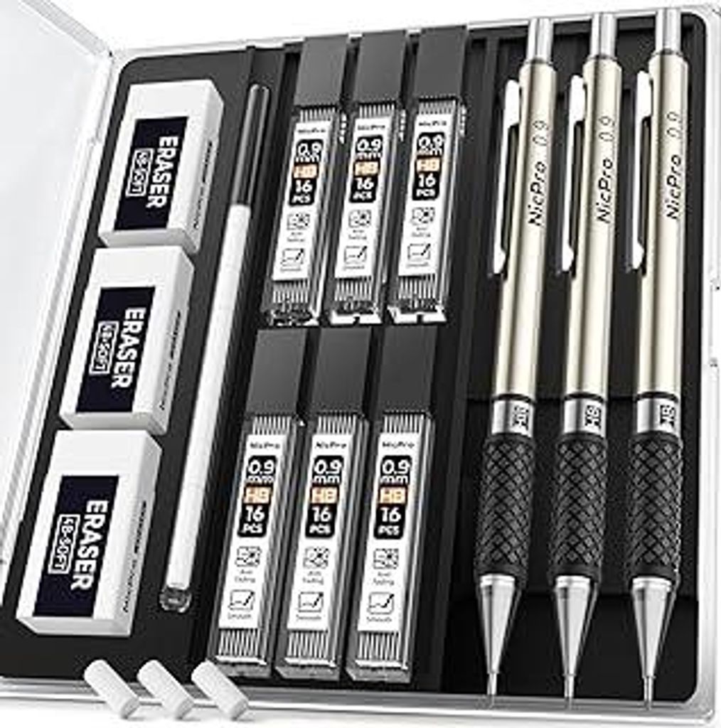 Nicpro 3 Stück Metall Druckbleistift Set mit Etui, Mechanische Bleistifte 0,9 mm Fallminenstift mit 6 Dosen HB Bleistiftminen, 3 Radiergummis, 9 R...
