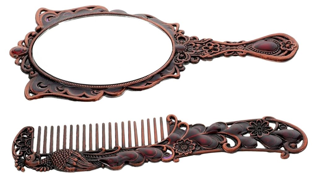 Vintage-Spiegel und Kamm-Set aus Metall für Make-up, praktische Haarbürste im Retro-Design, klein und tragbar für Mädchen und Reisen, langlebig...