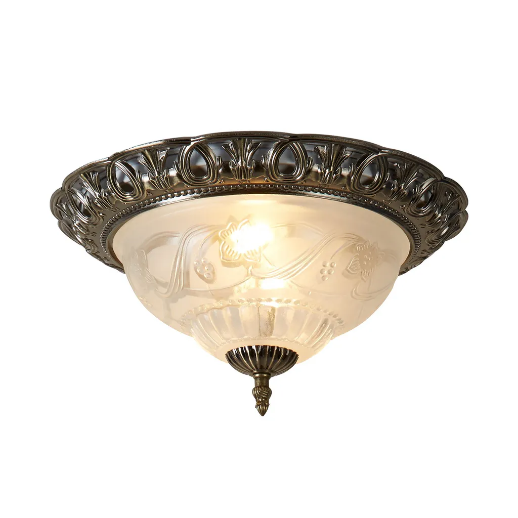 Plafonnier rustique pour salon et chambre laiton antique verre 33cm