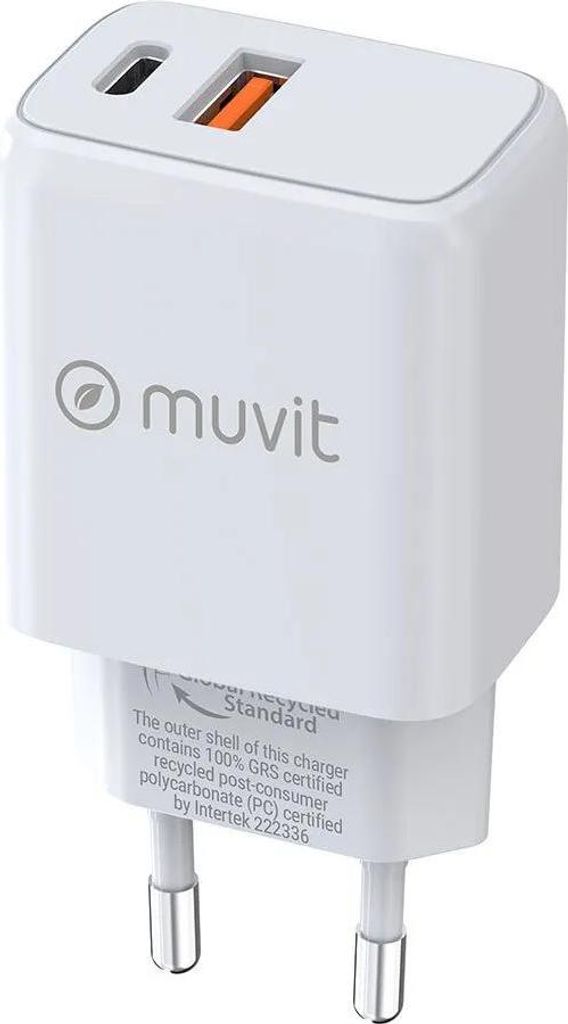 muvit zum Wechselladegerät de Wall 1 USB QC 3.0 18W + 1 Typ C PD 25W White