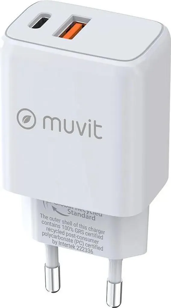 Chargeur rapide 25W Muvit For Change Transparent avec ports USB-C et USB-A