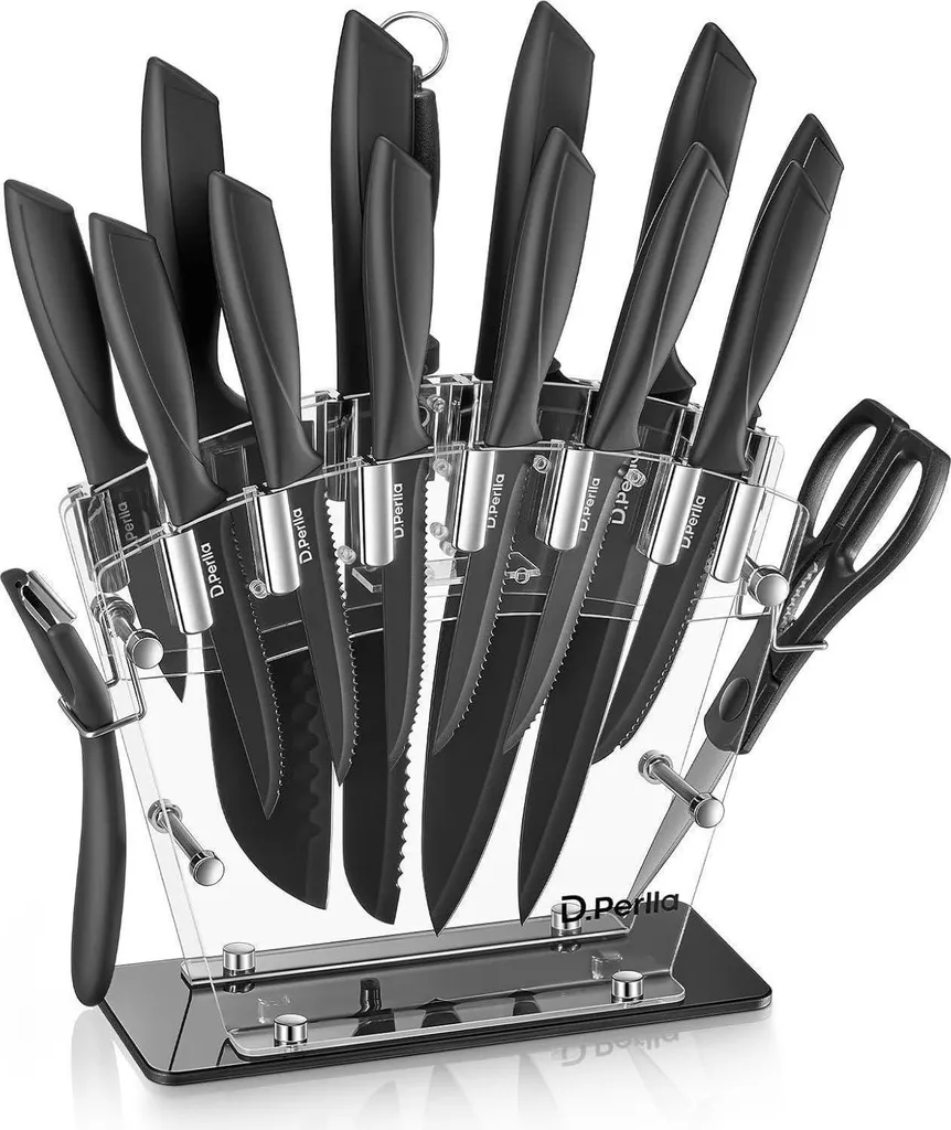 Set Coltelli Neri 16 Pezzi con Ceppo Acrilico - Acciaio Inox Antiruggine