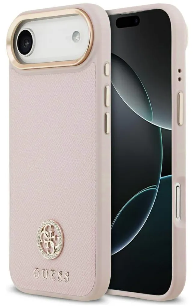 Coque iPhone 17 Air GUESS à logo Strass et texture grainée rose MagSafe