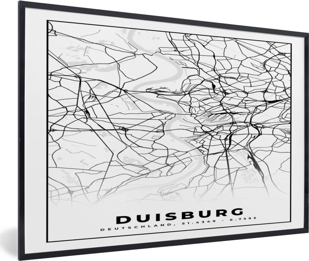 MuchoWow Gerahmtes Poster Karte - Duisburg - Stadtplan - Wegbeschreibung 90x60 cm - Poster mit Schwarzem Bilderrahmen Wandposter Rahmen Foto Bild...