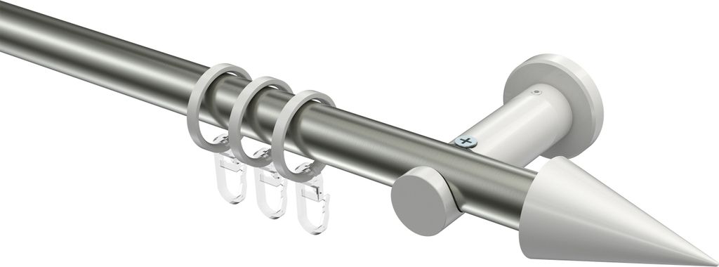 Interdeco Gardinenstange / Vorhangstange Edelstahl-Optik / Weiß, Typ Platon Savio (Kegel), 20 mm Ø 1-läufig, 140 cm