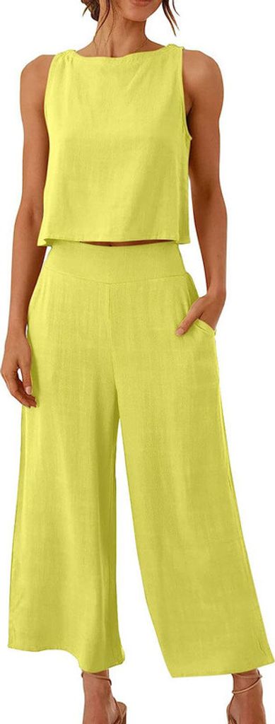 ASKSA Damen 2 Teiler Sommer Ärmellos Knöpfe Tank Top Weitem Hose Bein Einfarbig Zweiteiler Outfit mit Taschen, Hellgelb, XXL