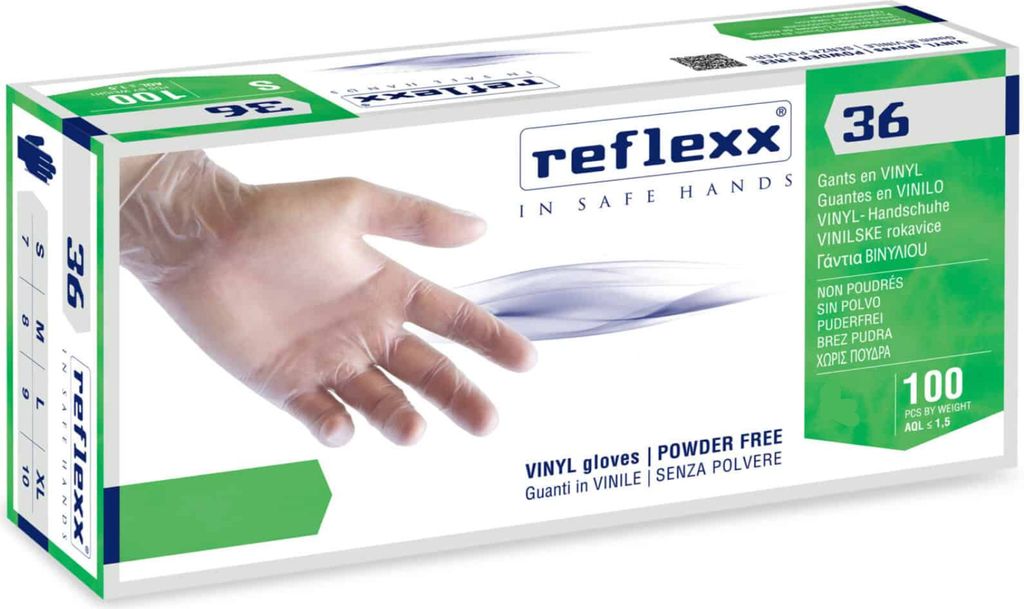 Reflexx R36 Vinyl-Handschuhe ohne Puder, 100 % Latex, 4,4 g, frei von Kat.3, 100 Stück, M