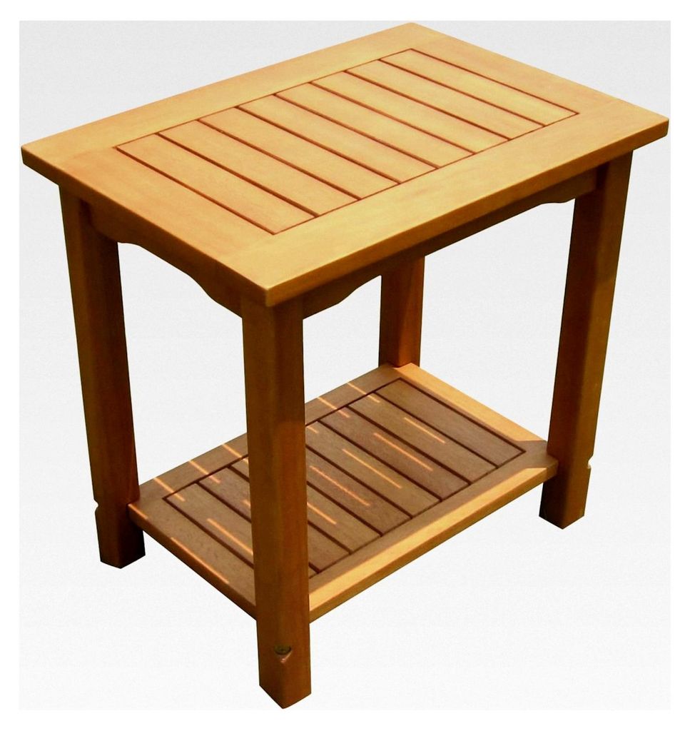 Eukalyptus Beistelltisch geölt - 50x35 cm - kleiner Holztisch für den Garten mit 2 Ablagen
