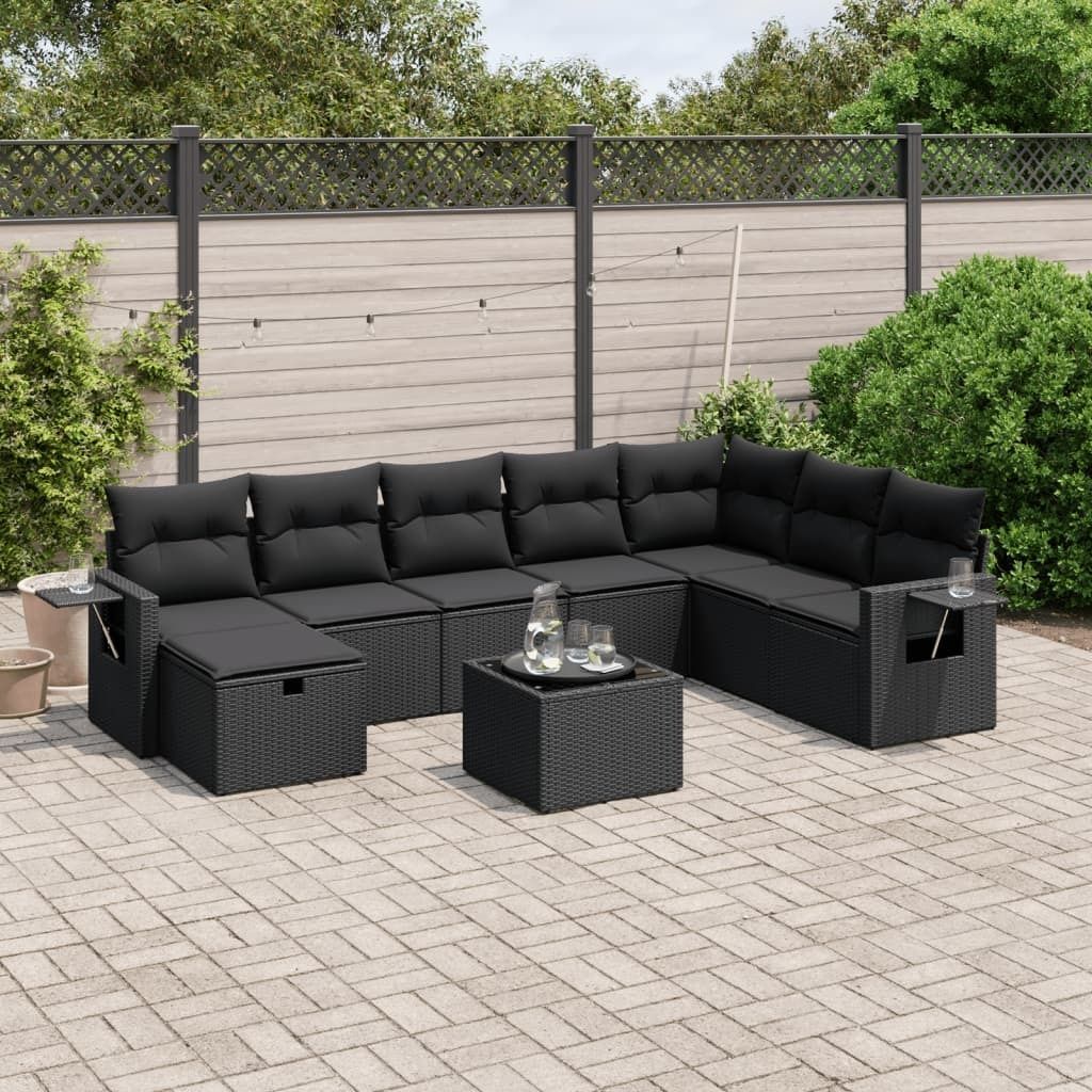 9-tlg. Garten-Sofagarnitur - mit Kissen Schwarz Poly Rattan - Gartenmöbelset 3263901