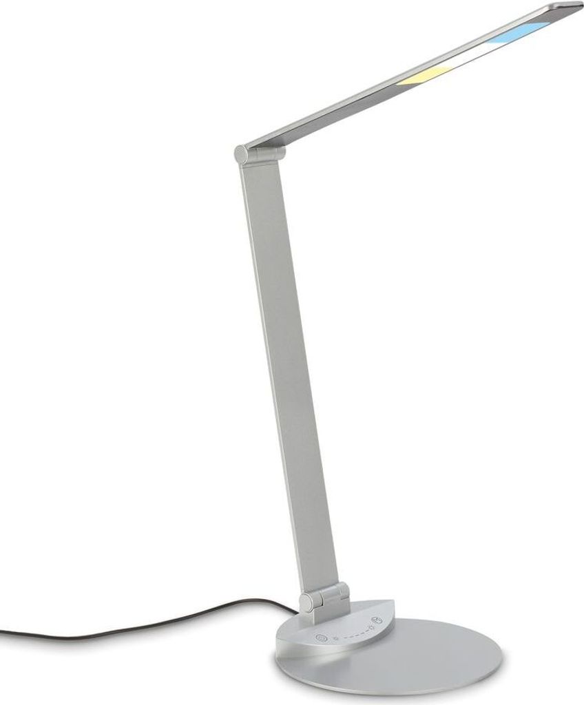 A silver LED desk lamp is shown against a white background.