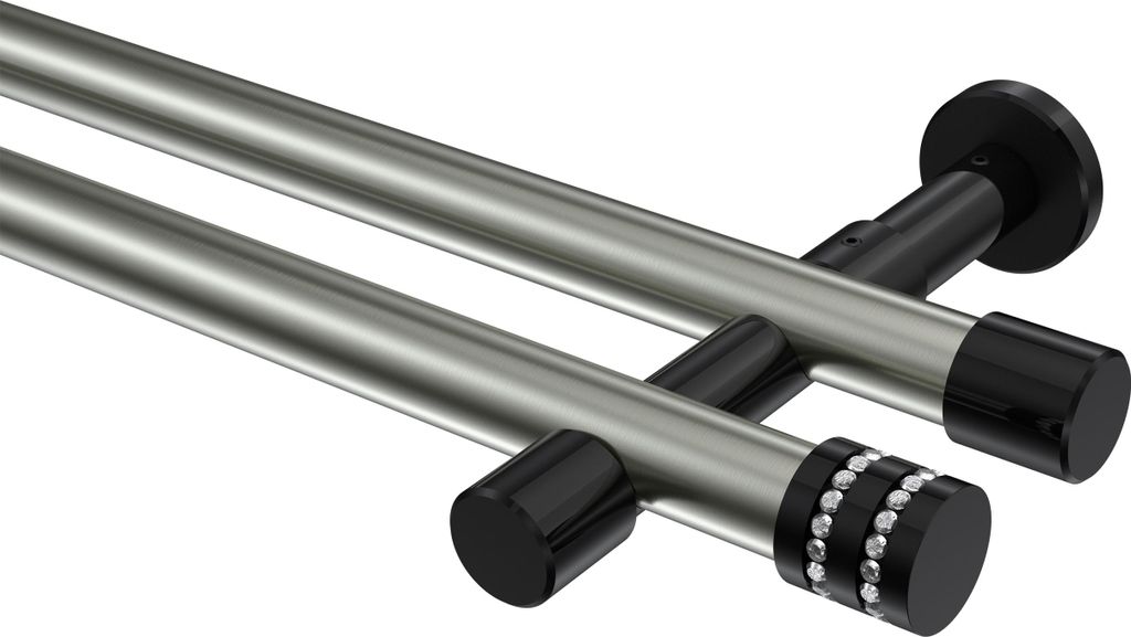 Interdeco Gardinenstange / Vorhangstange Edelstahl-Optik / Schwarz, Typ Prestige Estana (Glitzerkappe) ohne Ringe, 20 mm Ø 2-läufig, 100 cm